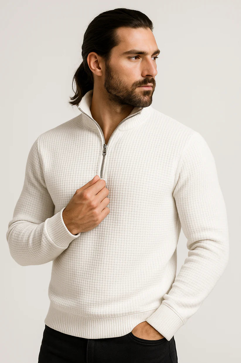 White WaffleZip Mockneck