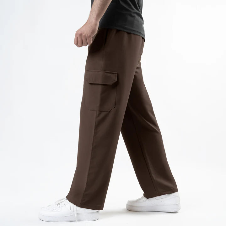 Brown Lycra Terry Wide Leg Cargo Trousers