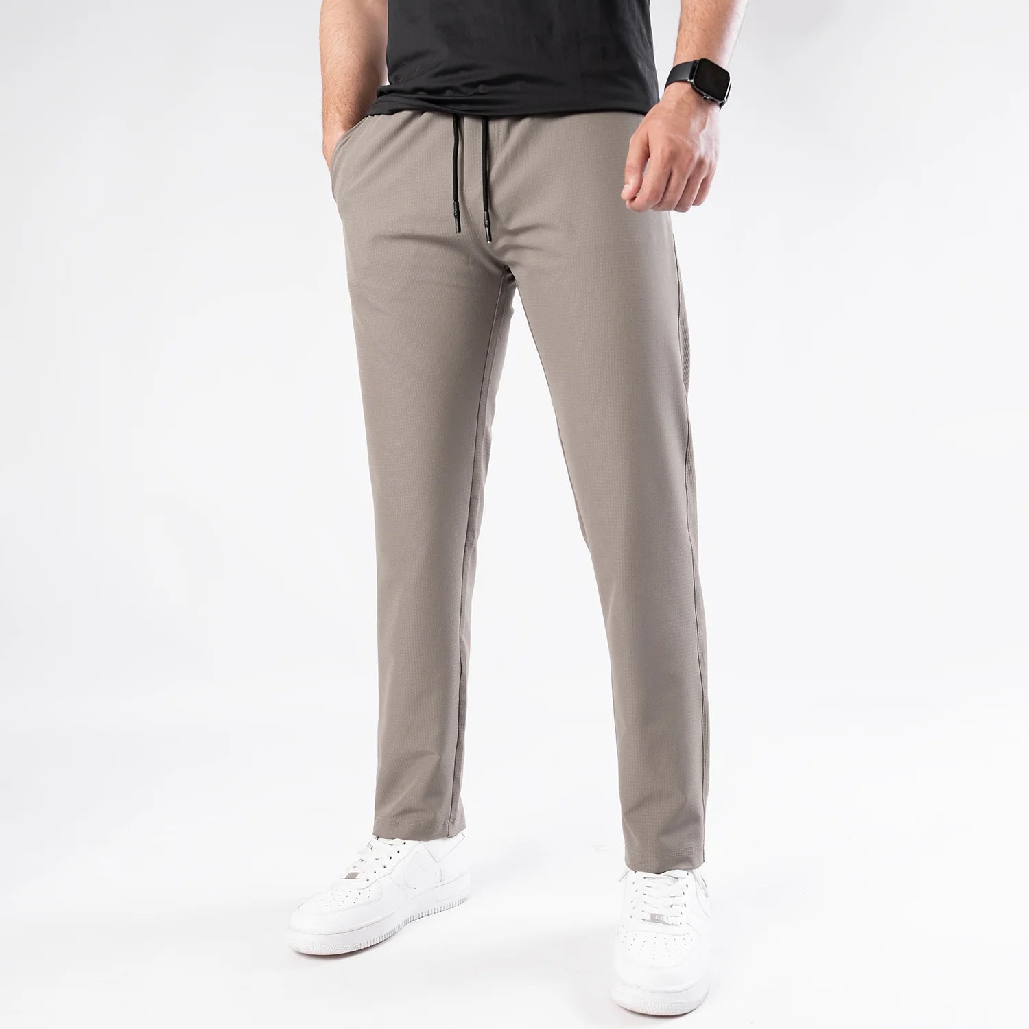 Khaki Woven Lycra Self Textured Straight Pants
