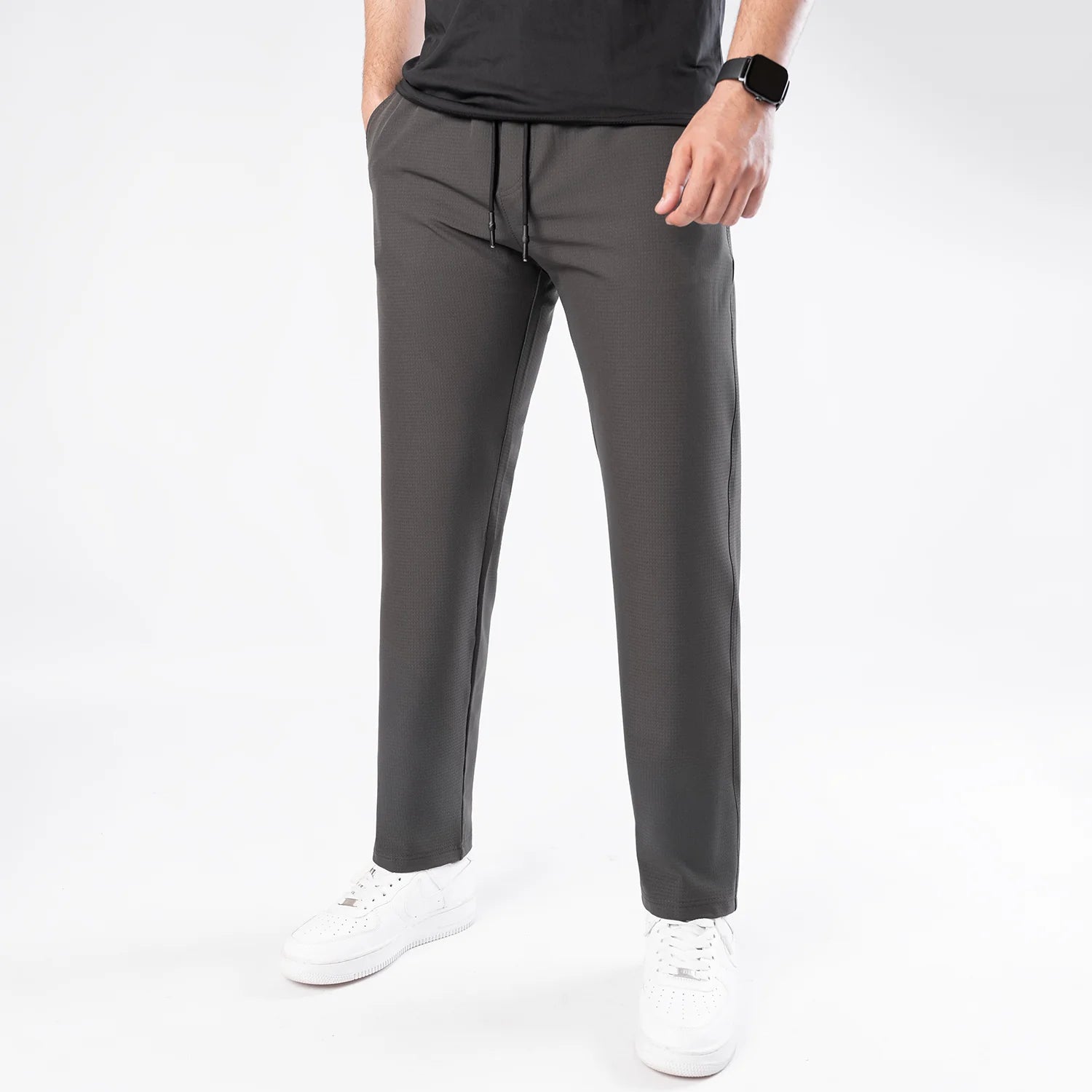 Charcoal Woven Lycra Self Textured Straight Pants