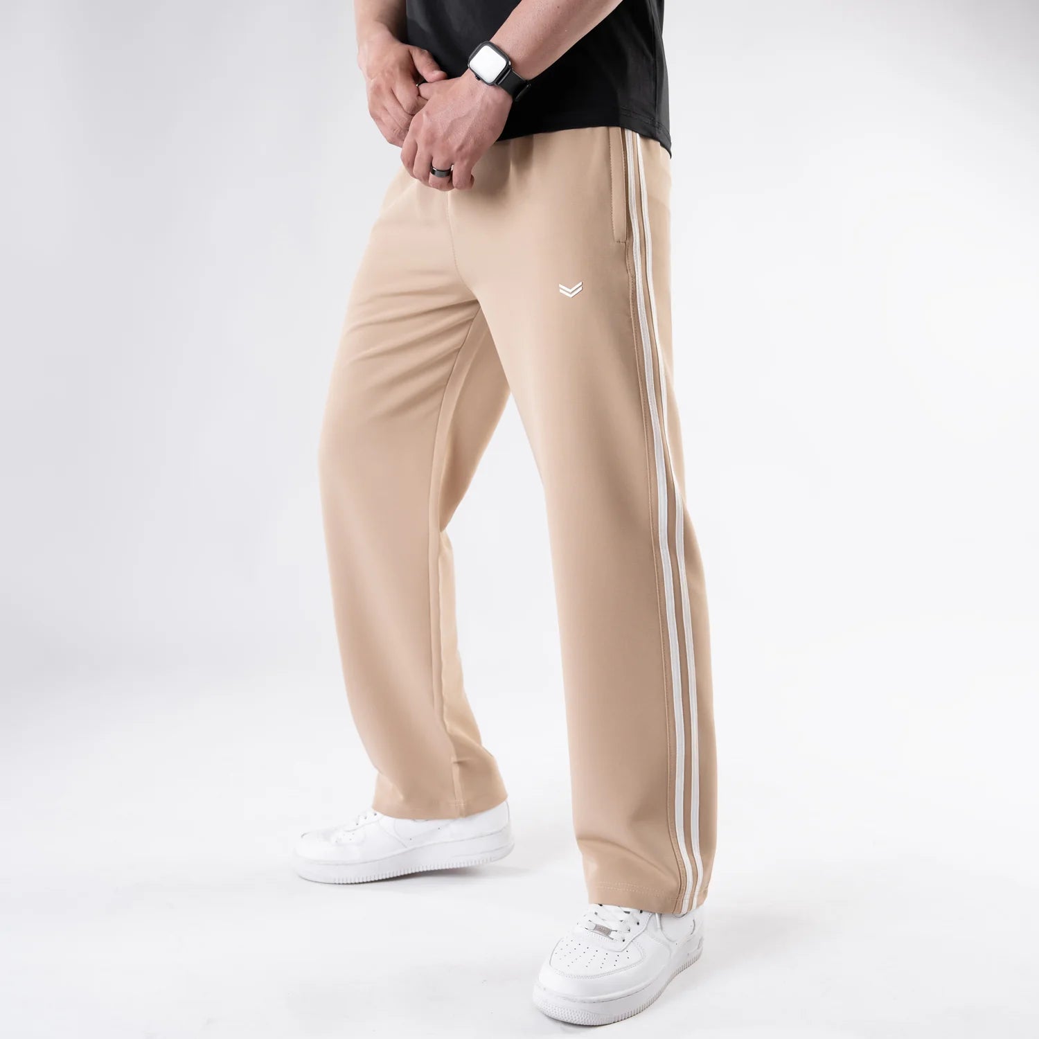 Beige Lycra Terry Two Stripe Trousers